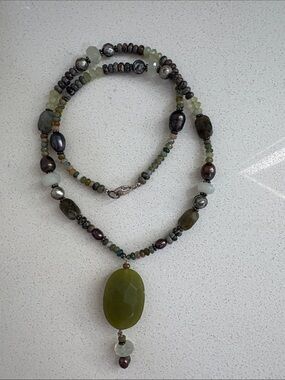 Sundance Catalog Multi Stone Faceted Jade, Pearl Necklace—BEAUTIFUL!! Sterling